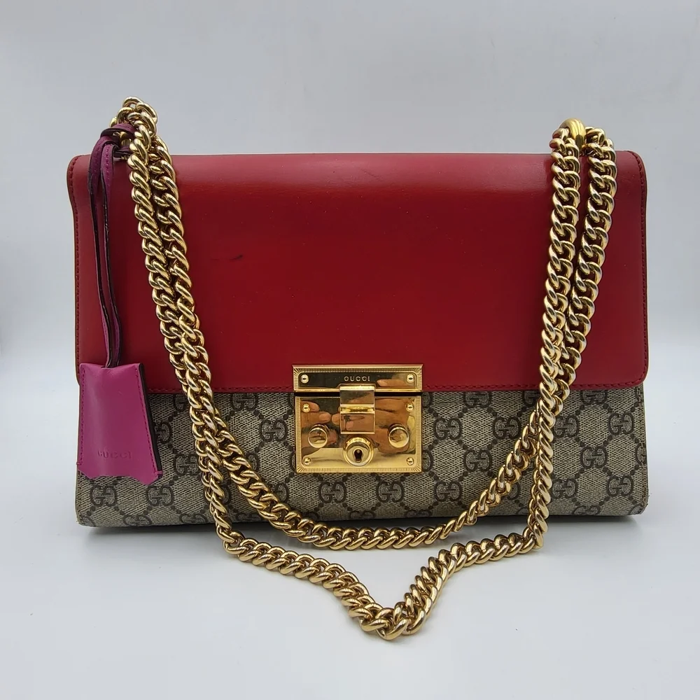 GUCCI GG Supreme Monogram Calfskin Medium Padlock Bag Beige Hibiscus Red,,,,,